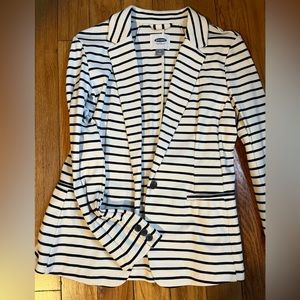 Cream and Navy Striped One Button Blazer